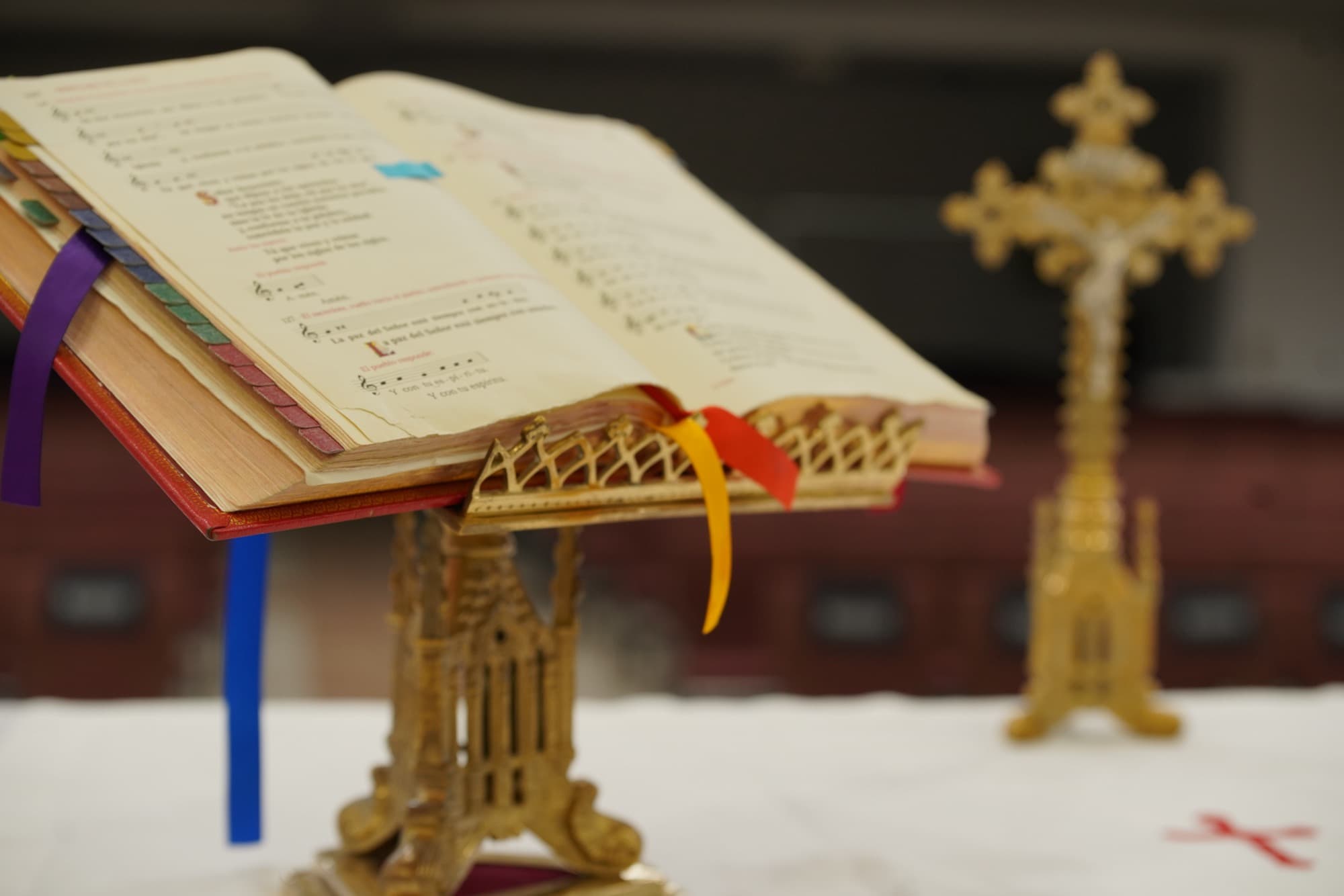 Liturgical missal on gold stand